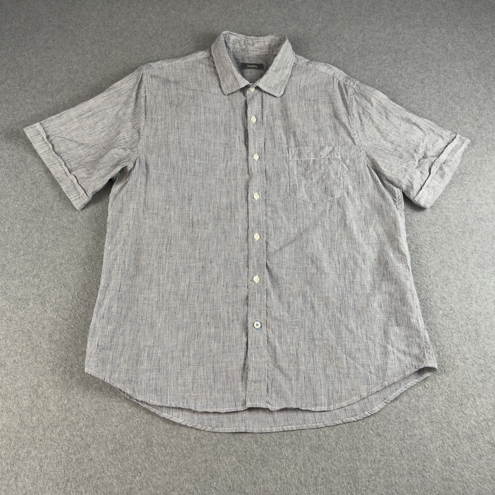 Neiman Marcus 100% Linen Stripe Button Up Shirt Men's L Blue Short Sleeve NOTE